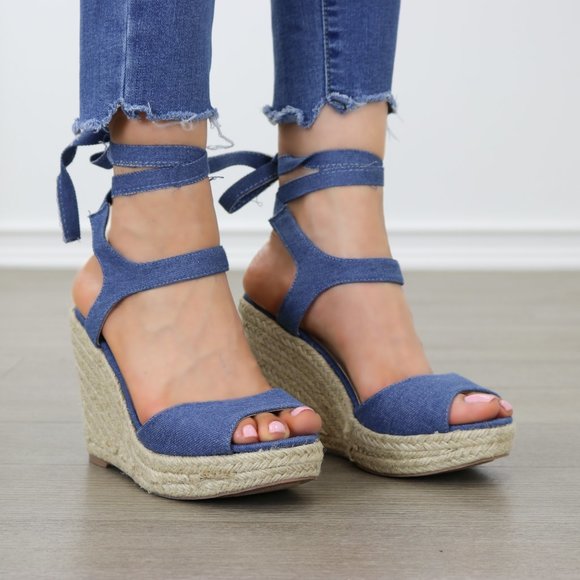 Denim Glamorous Ankle Tie Espadrille Wedge - Picture 4 of 7
